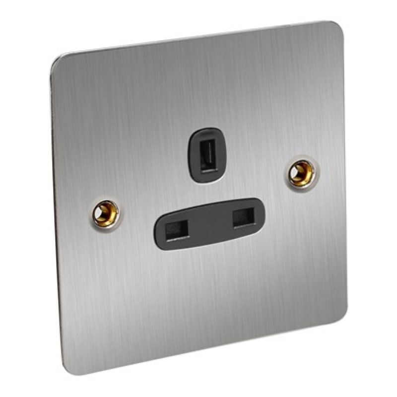 Flat Plate 13Amp 1 Gang Socket Unswitched *Satin Chrome/Black In - Click Image to Close